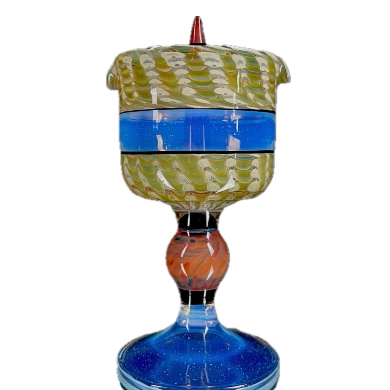 A multicolored glass goblet ash tray with blue, green, and yellow patterns, displayed against a plain background.