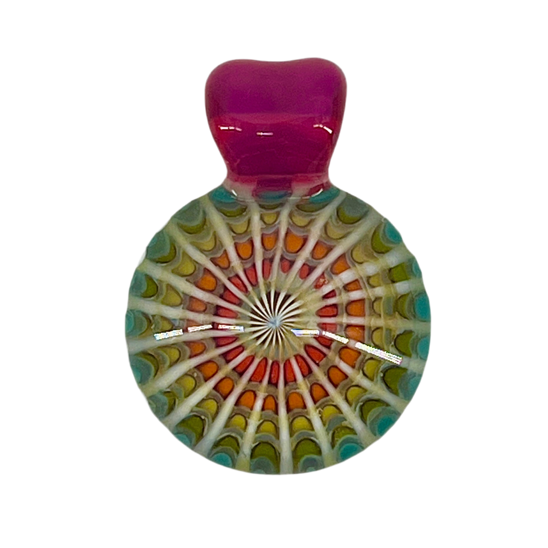 Colorful circular glass pendant with a royal jelly bail on a white background.