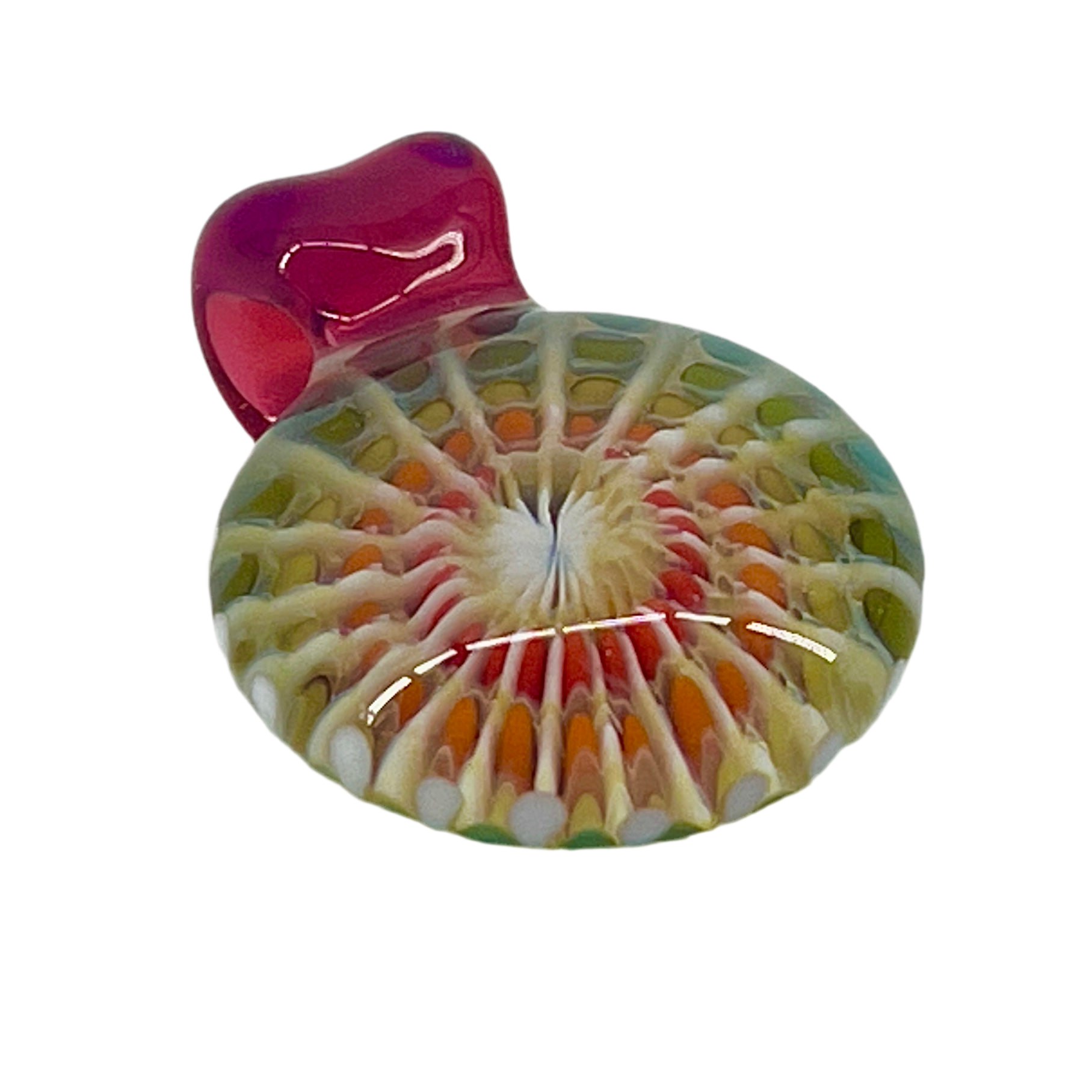 Colorful circular glass pendant with a royal jelly bail on a white background.