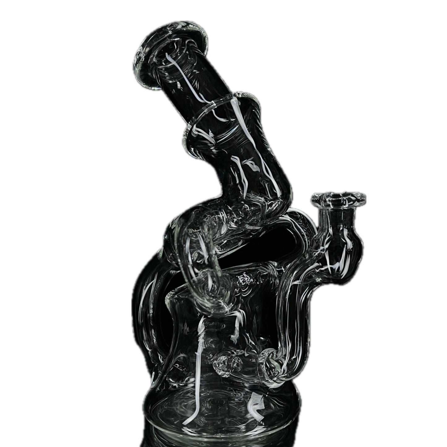 A glass piece with a unique design, featuring a bowl attachment and a twisted tube, displayed against a white background.