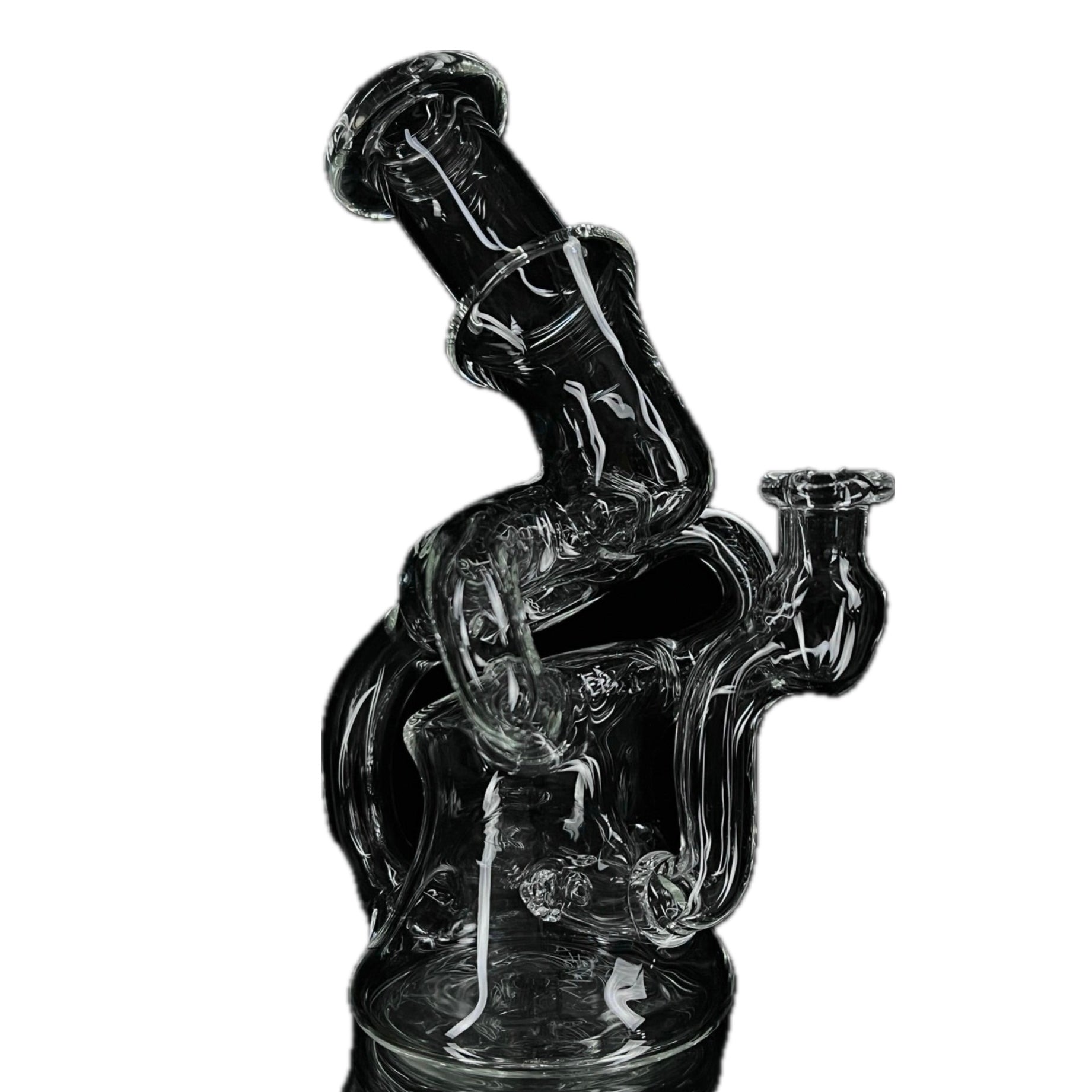 A glass piece with a unique design, featuring a bowl attachment and a twisted tube, displayed against a white background.