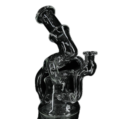 A glass piece with a unique design, featuring a bowl attachment and a twisted tube, displayed against a white background.