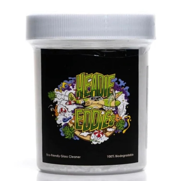 A 4oz plastic container of Headie Eddie's glass cleaning powder with colorful label featuring illustrations of smoking-related imagery.