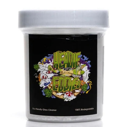 A 4oz plastic container of Headie Eddie's glass cleaning powder with colorful label featuring illustrations of smoking-related imagery.