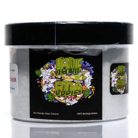 A plastic container of Headie Eddie's glass cleaning powder with colorful label featuring illustrations and text.