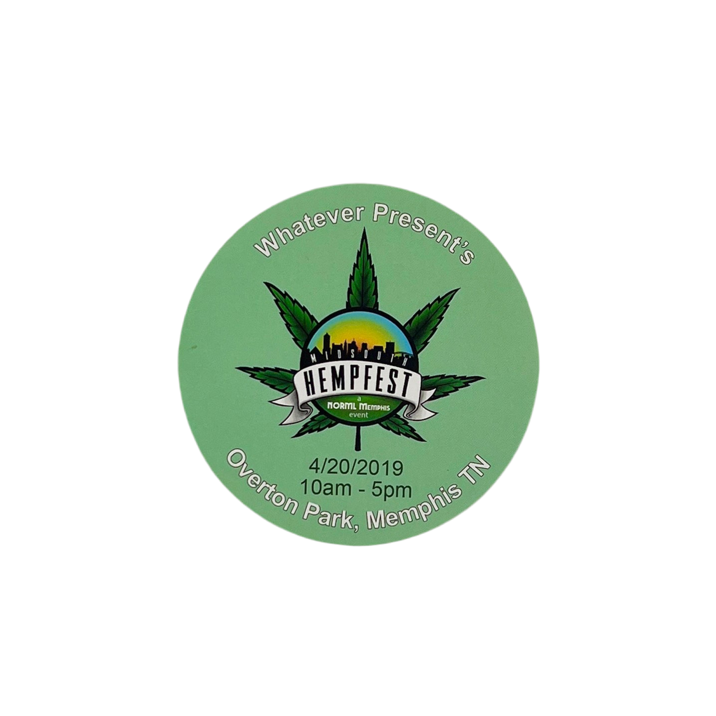 Round green sticker with Hempfest event details on a white background.