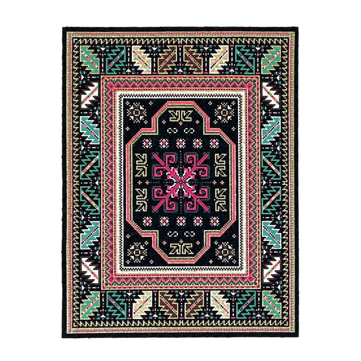 A rectangular 'High Roller Bitrug' mood mat with a geometric pattern featuring a central pink and black design, created with upcycled scraps.