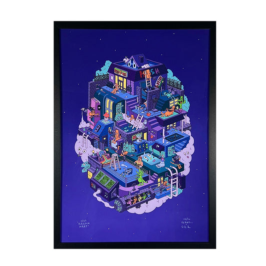 Framed illustration of a futuristic cityscape with various buildings and activities on a blue background.