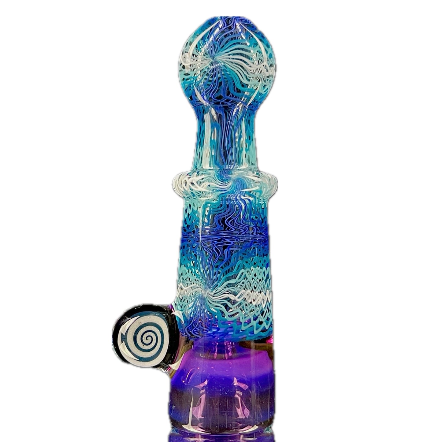 A colorful glass piece with blue and purple hues, featuring intricate patterns and a large-pack bowl.