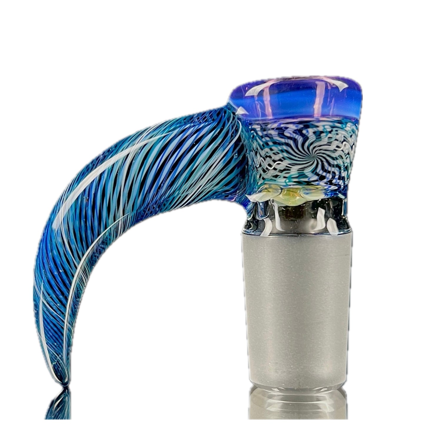 A hand-blown glass piece with blue and white colors, featuring a 4-hole medium-pack bowl design with a moonstone over gold amethyst lip.