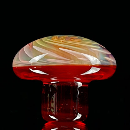 A set of three Phase Glass pieces with a swirling multicolor design, including a cap plug, valve marble, and pillar.