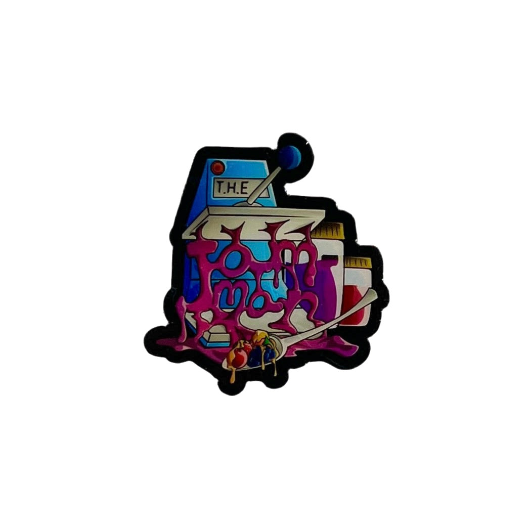 Colorful sticker with text and graphics on a white background.