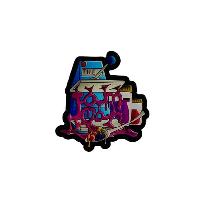 Colorful sticker with text and graphics on a white background.