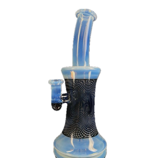 A smoking pipe with a 'Classic Hypno Jawn' design featuring swirling patterns in blue, black, and gray colors.