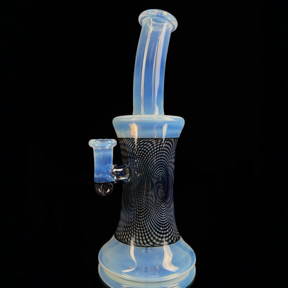 A Jared Wetmore crafted glass piece with 'Moonstone', 'Lucid', and 'Jet Black' Hypnotech sections, featuring a 4-hole circle perc.