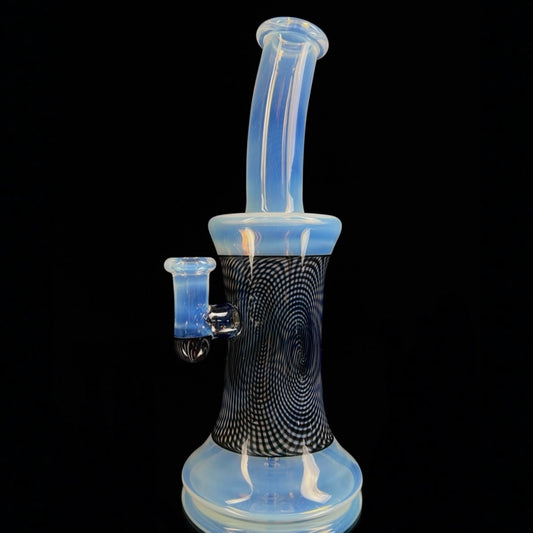 A Jared Wetmore crafted glass piece with 'Moonstone', 'Lucid', and 'Jet Black' Hypnotech sections, featuring a 4-hole circle perc.