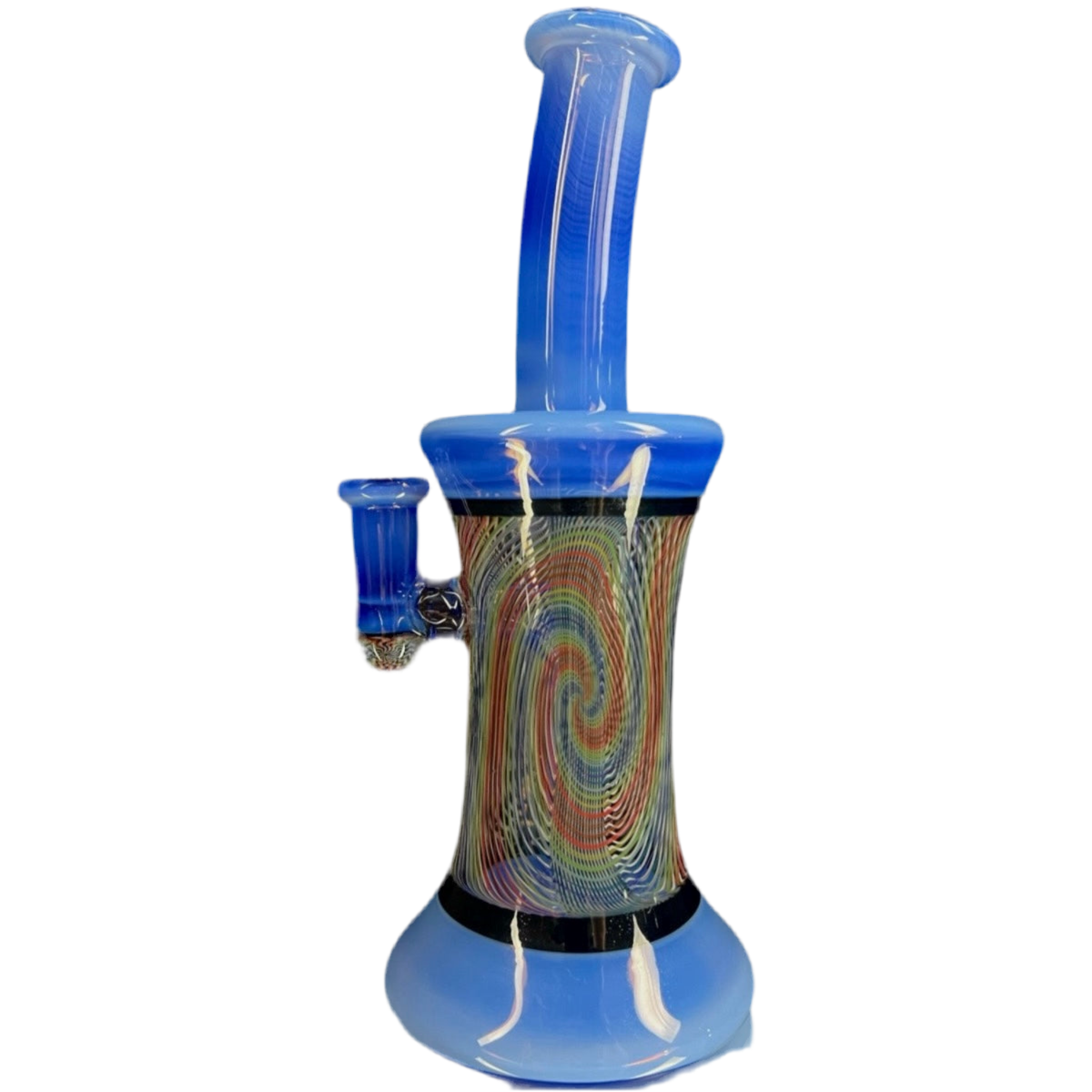 A multicolored glass smoking pipe with a swirl pattern, featuring a blue top and base, and a colorful cylindrical body.