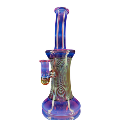 A multicolored glass piece with a tall stand and a small marble, featuring colors such as blue and purple.