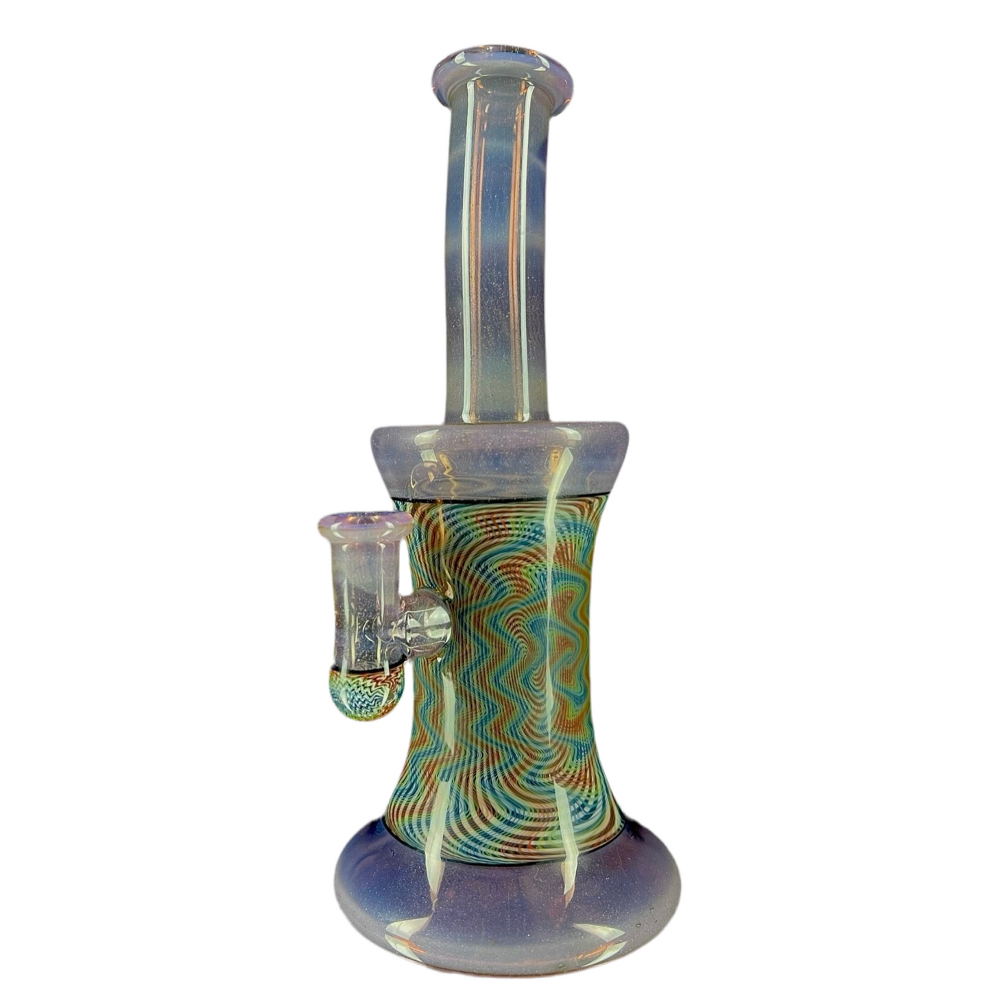A multicolored glass water pipe with a patterned body, a small side chamber, and a scientific design, including a bubble cap.