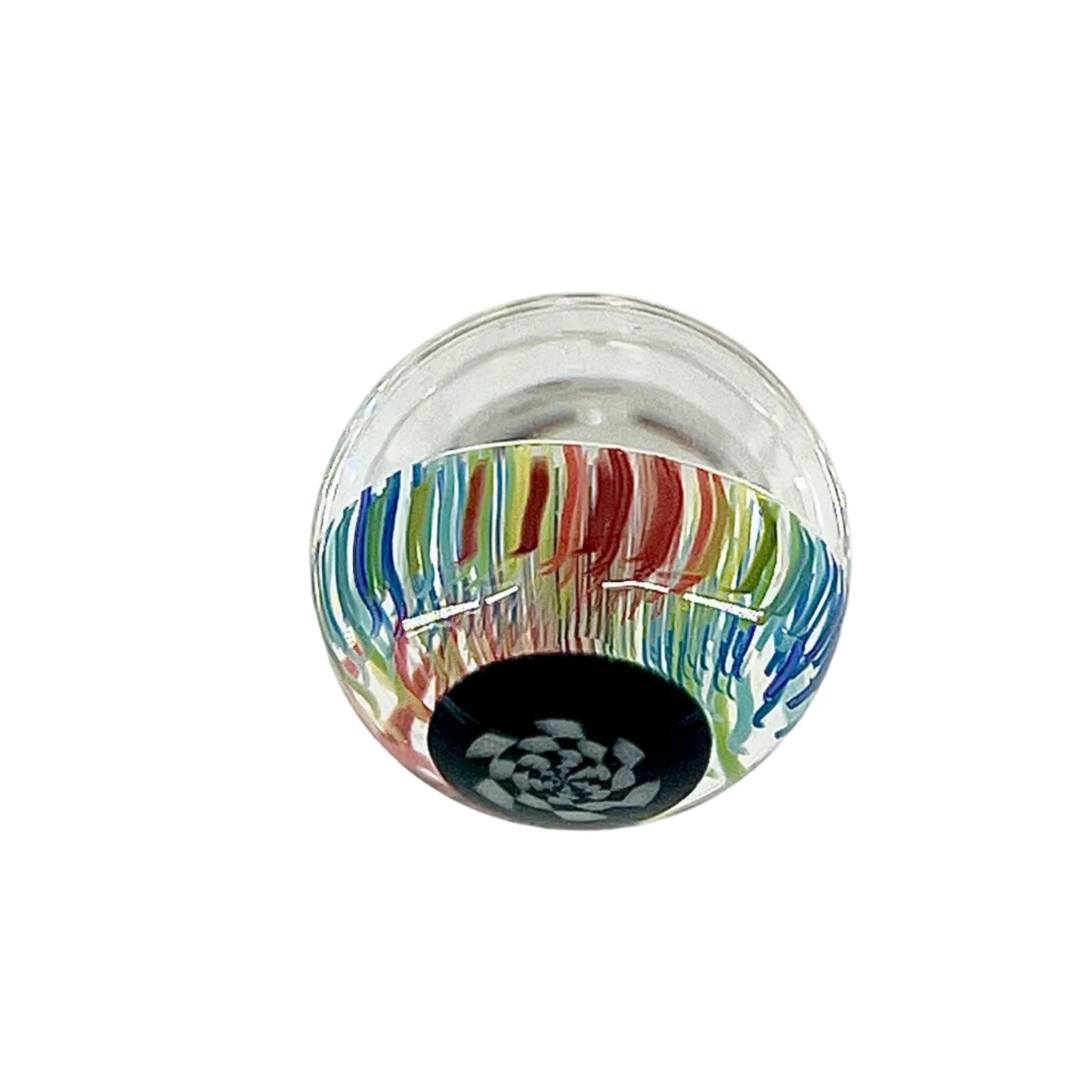 Glass marble with colorful striped pattern on a white background.