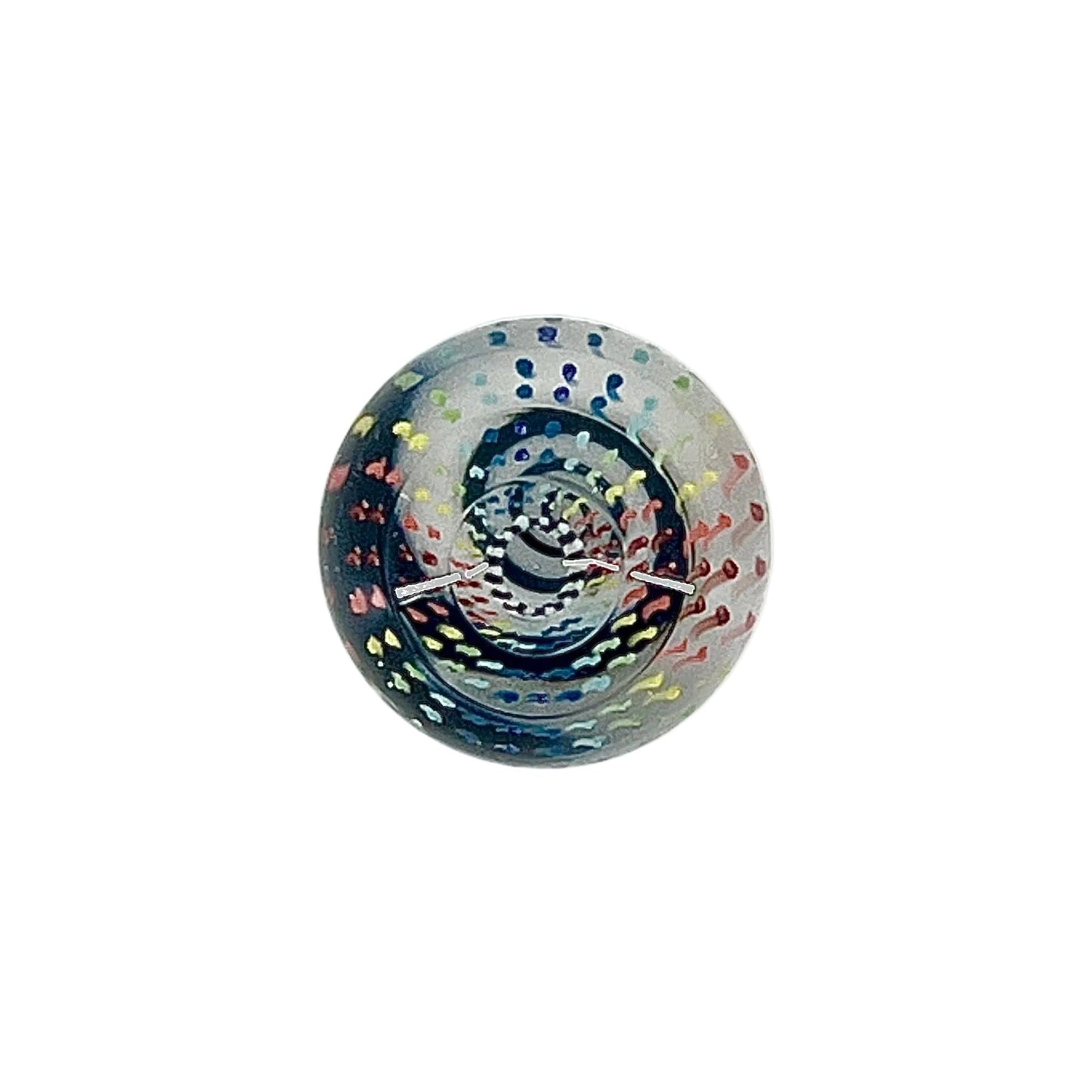 Decorative glass marble with a spiral pattern on a white background