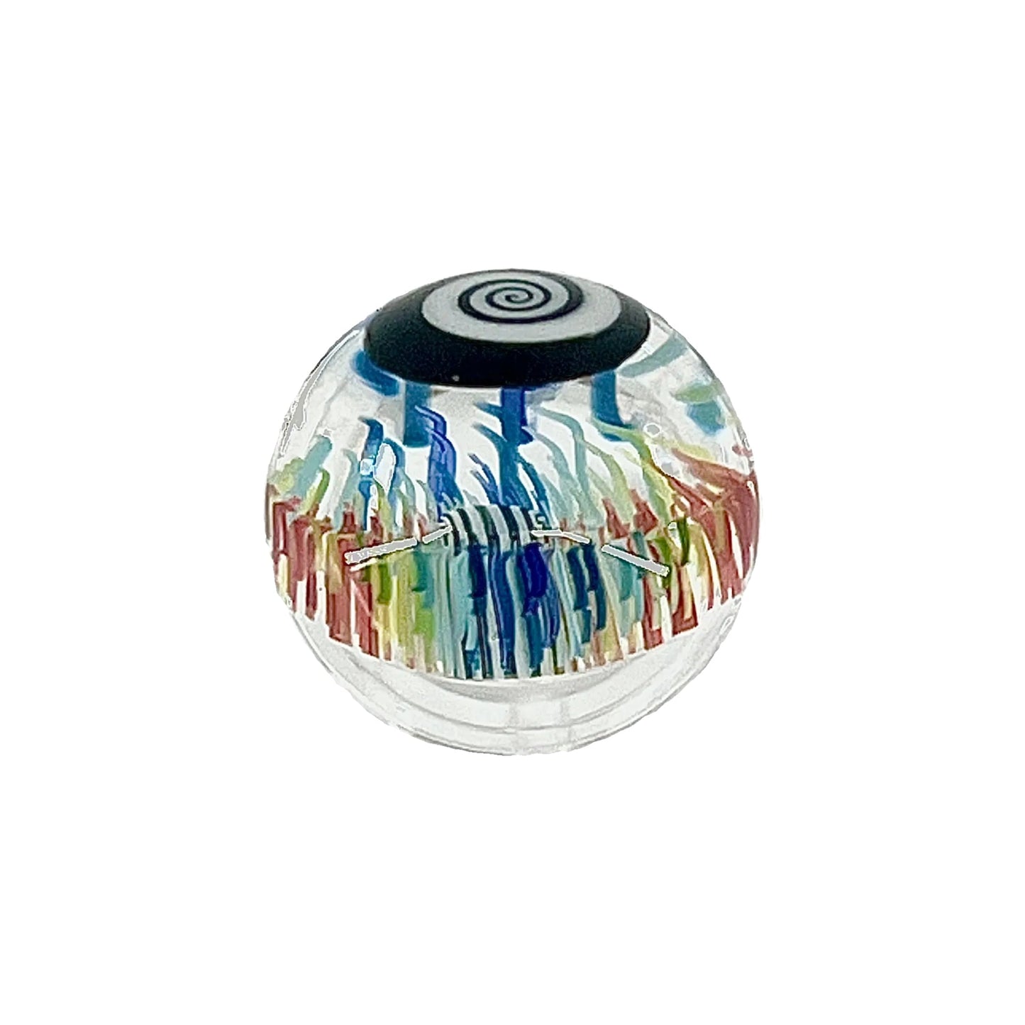 Glass sphere with multicolored pattern and black top on a white background.
