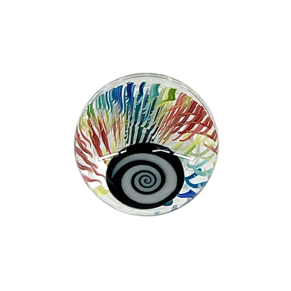 Colorful marble with a spiral design on a white background.