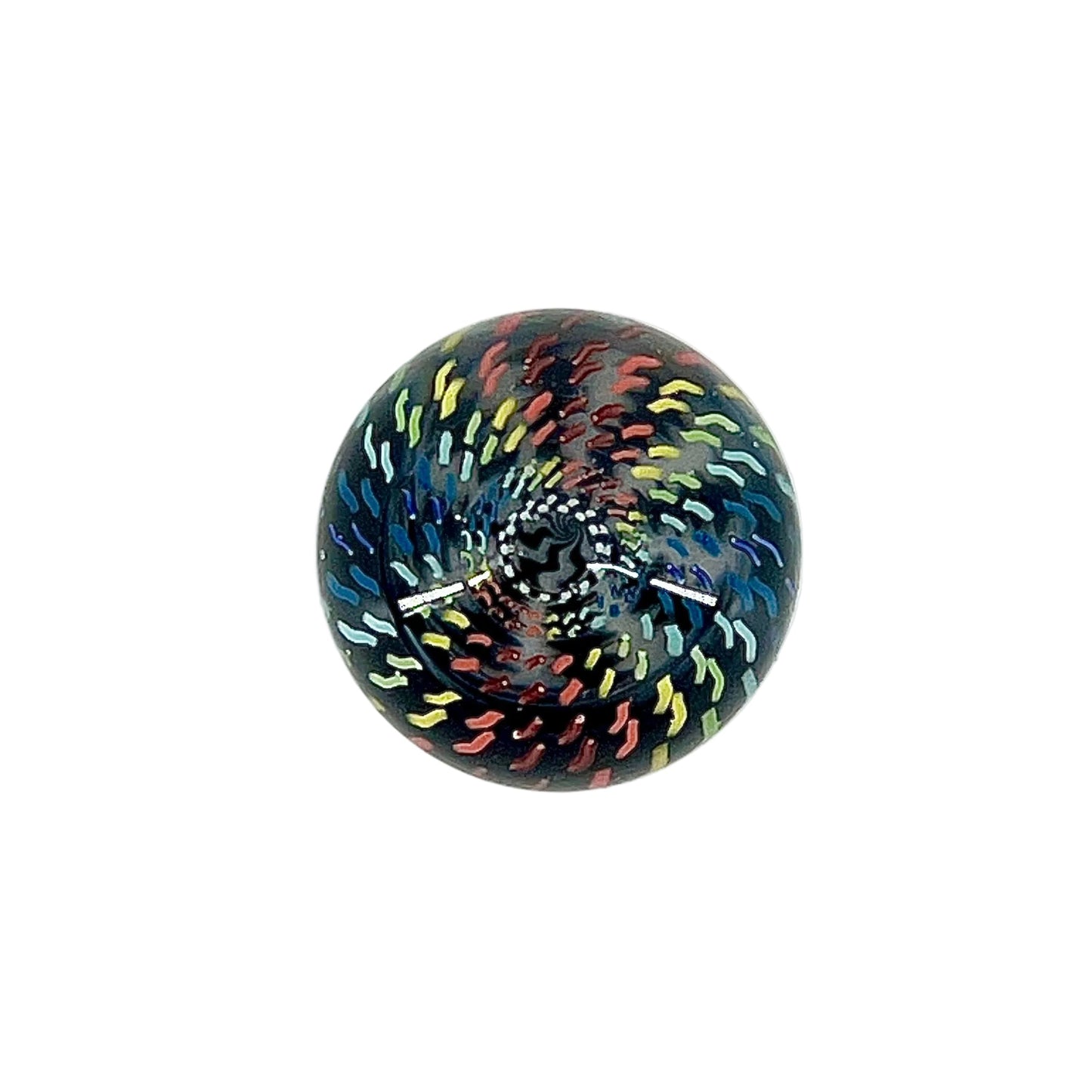 Multicolored glass marble on a white background.