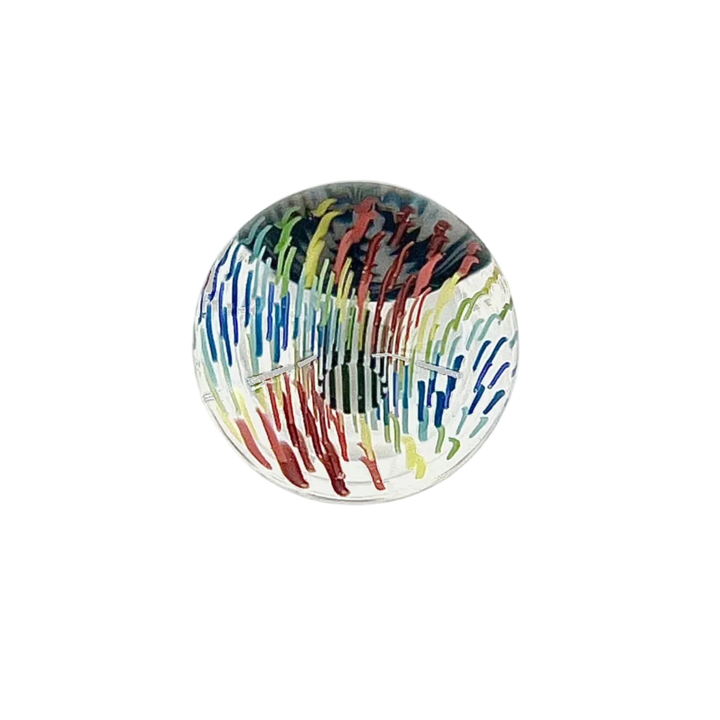 Multicolored glass paperweight on a white background.
