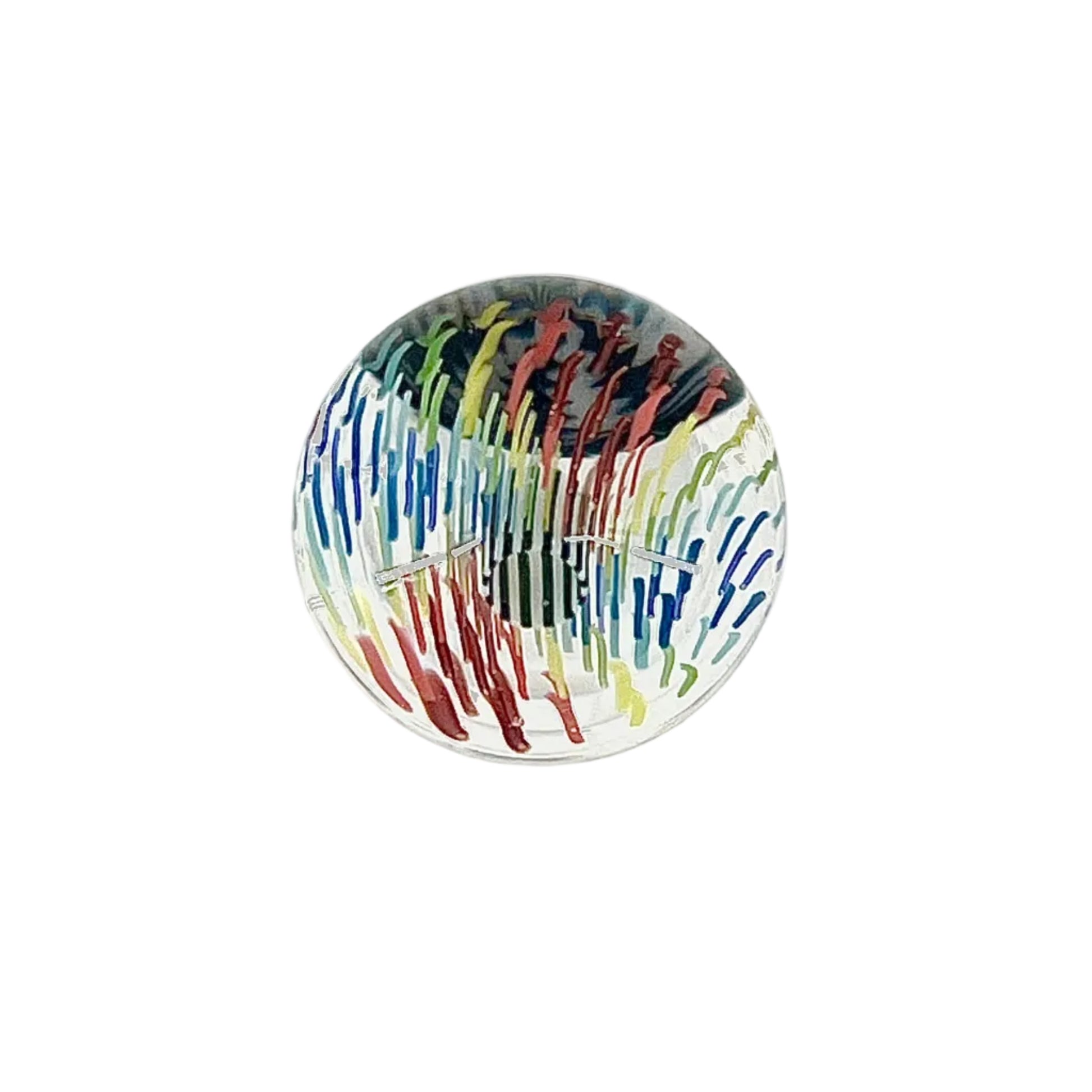 Multicolored glass paperweight on a white background.