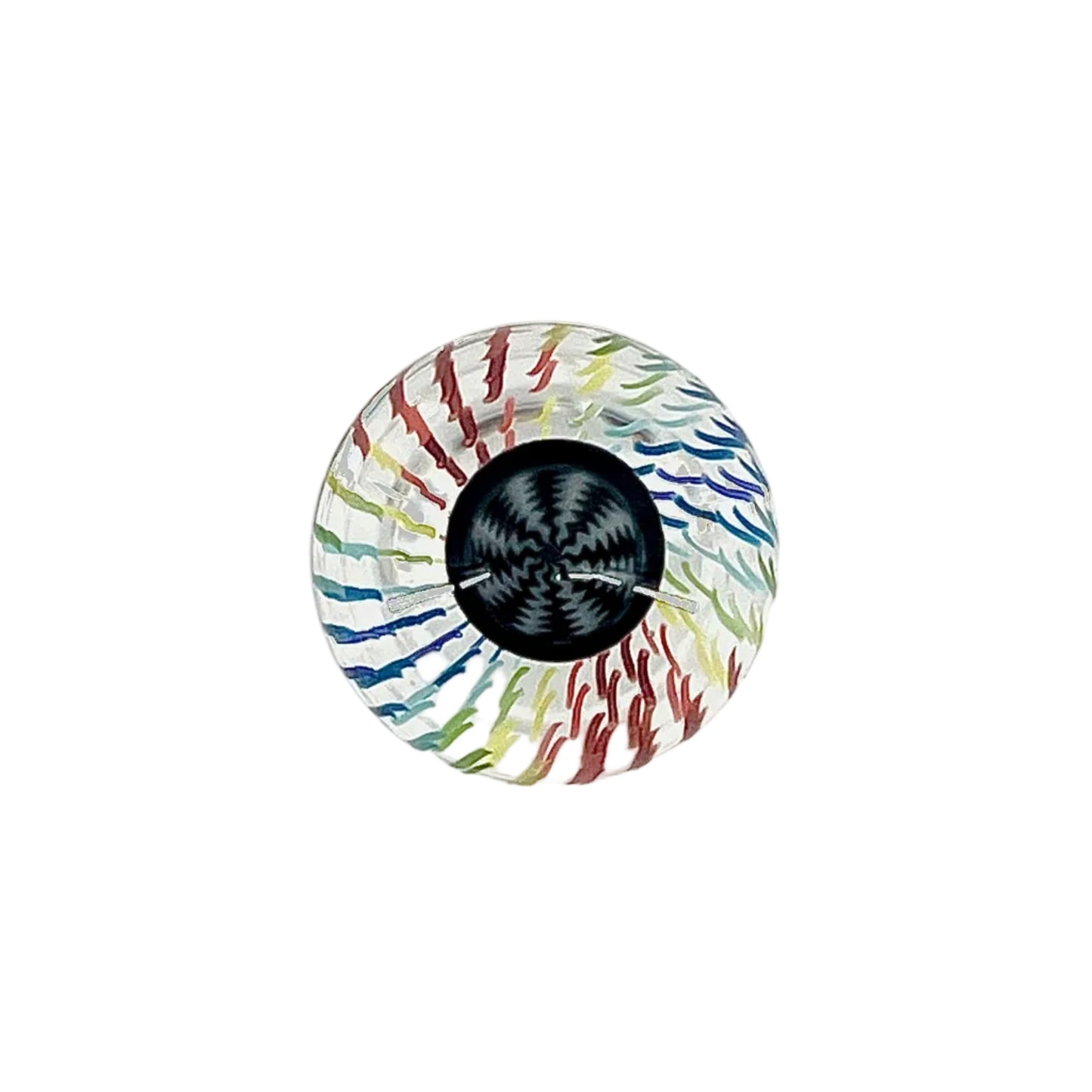 Colorful glass marble with a black center on a white background.