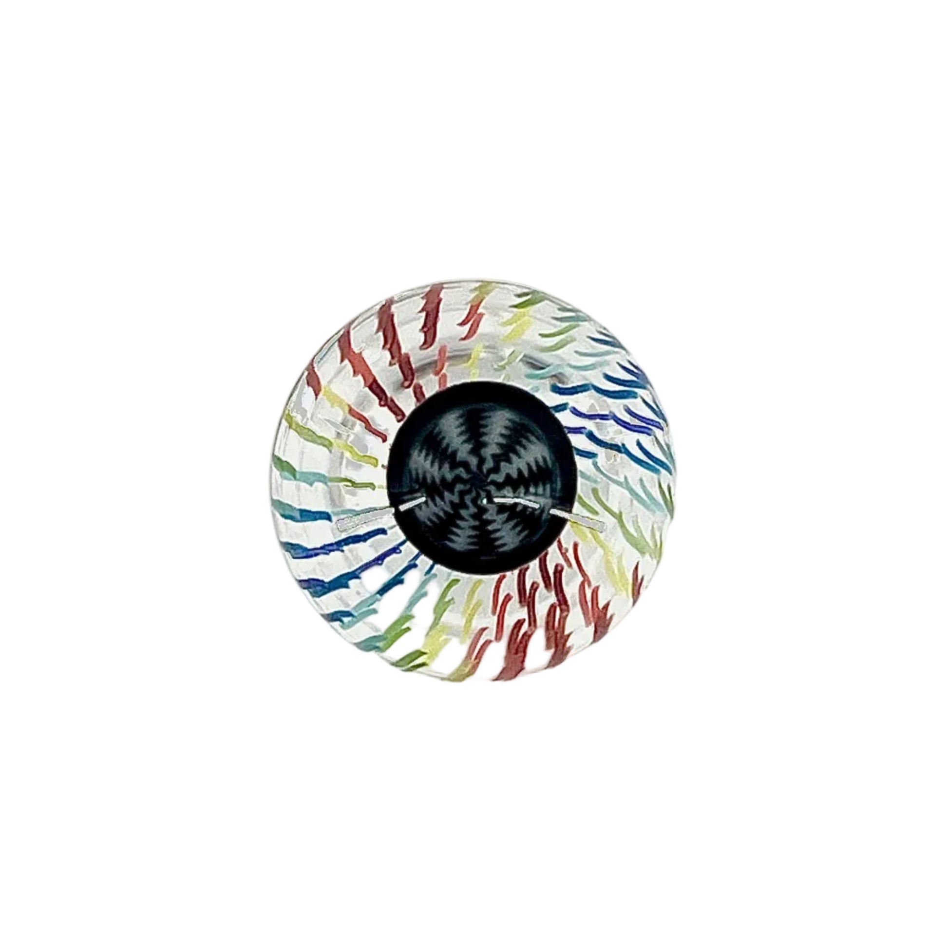 Colorful glass marble with a black center on a white background.