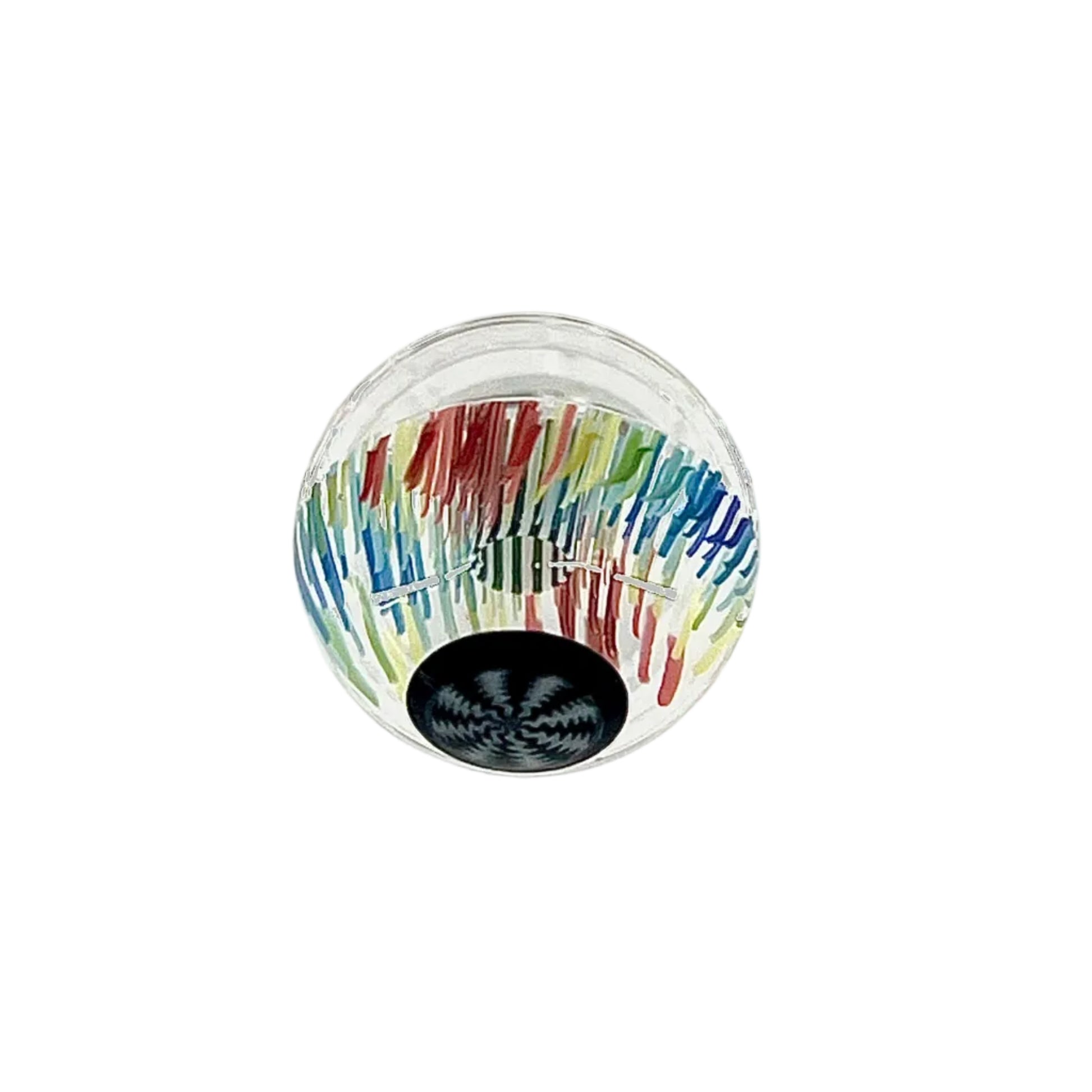 Round glass marble with multicolored design on a white background.