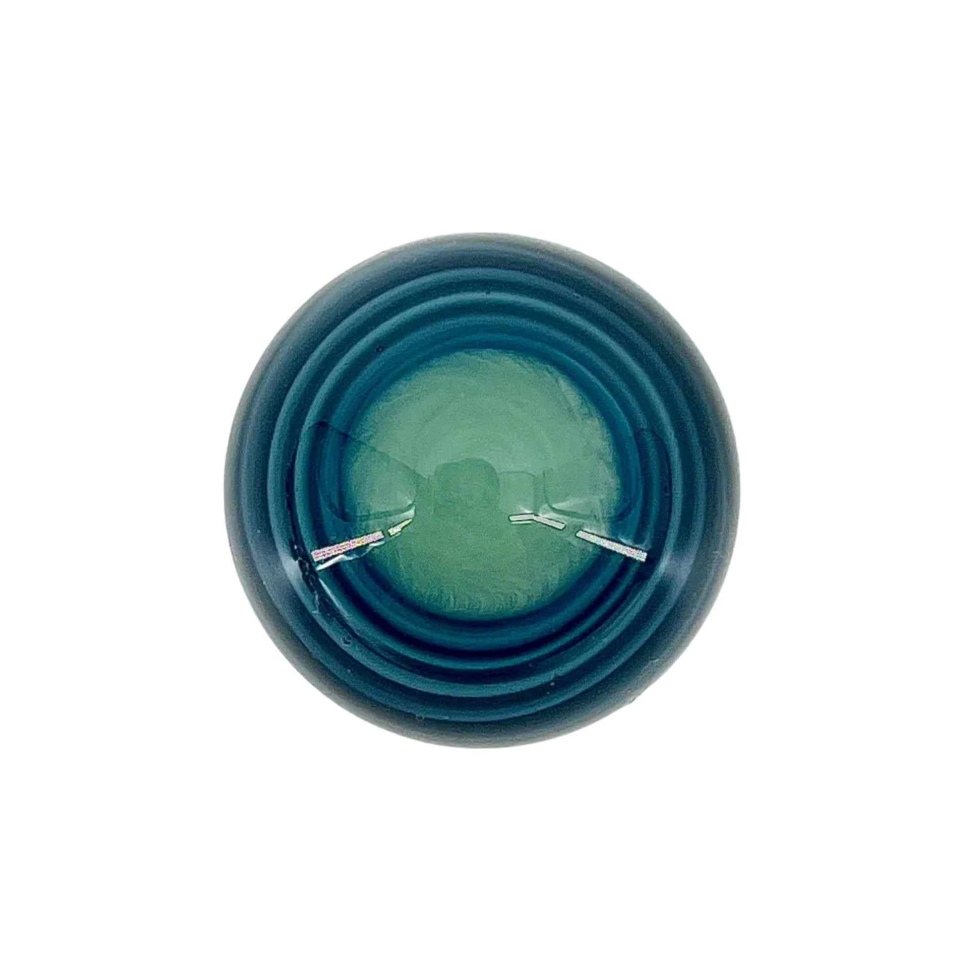 Round glass marble with concentric blue and green rings on a white background.