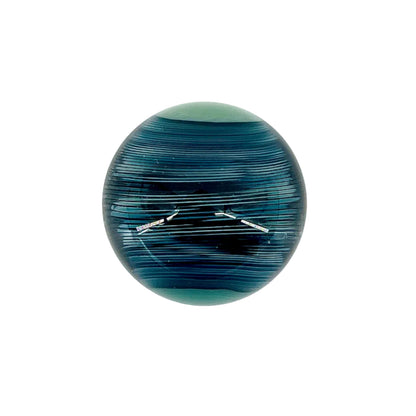 Blue and black striped sphere on a white background.