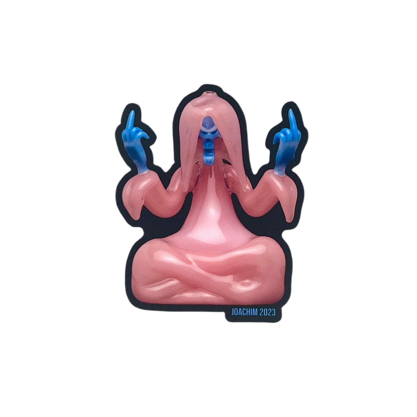Pink reaper with blue hands and fingers on a white background, featuring the text 'Joachim 2023'.
