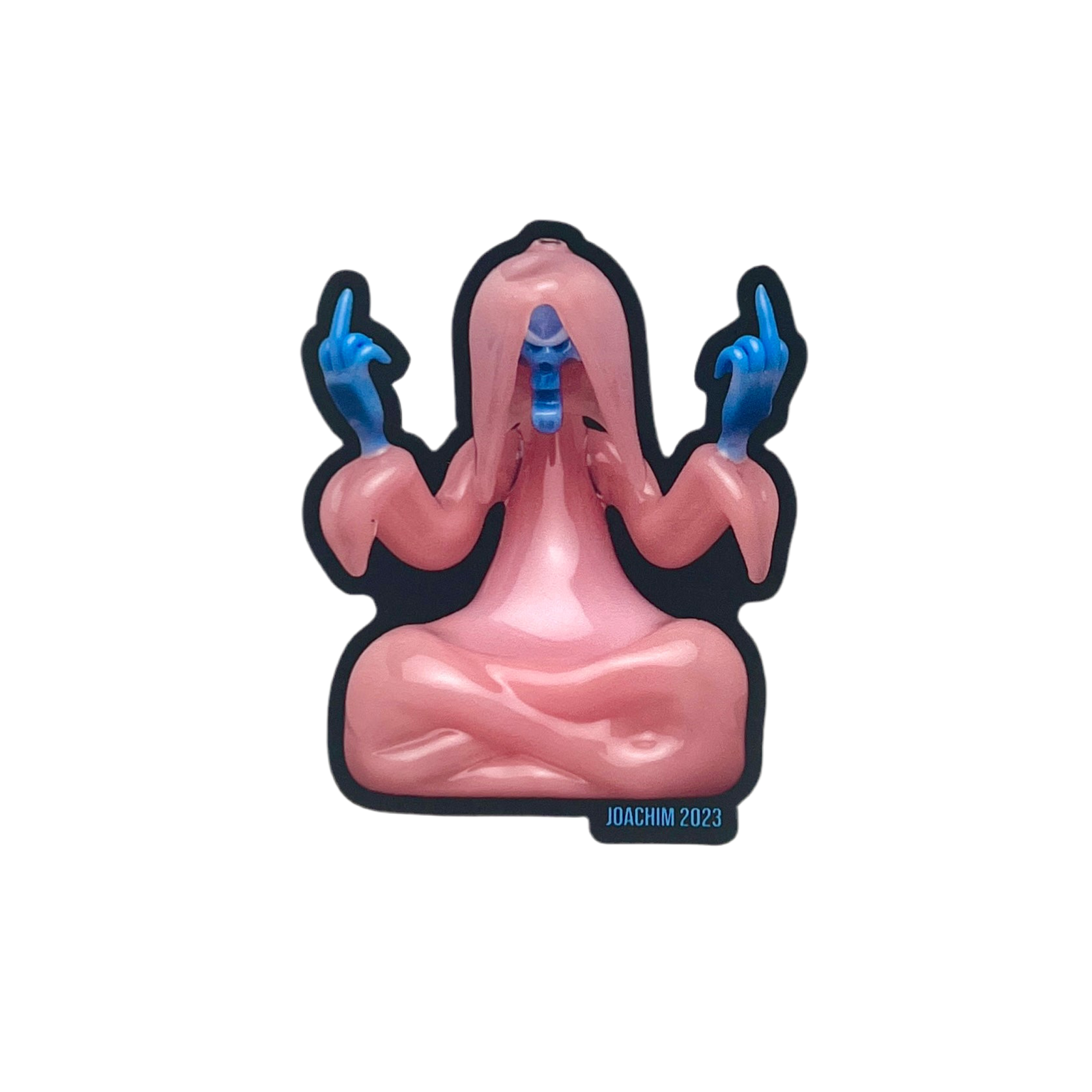 Pink reaper with blue hands and fingers on a white background, featuring the text 'Joachim 2023'.