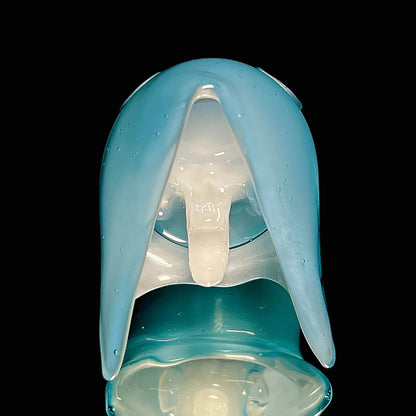 Blue and white reaper pendant with a dark background.