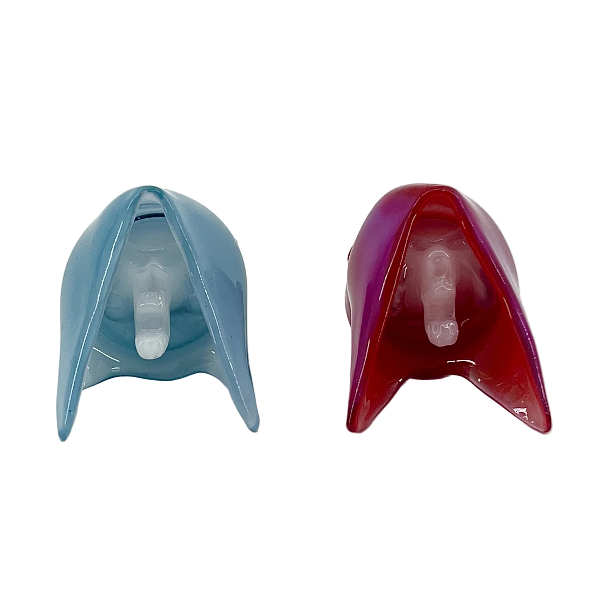 Two reaper pendants, one blue and one red, on a white background.