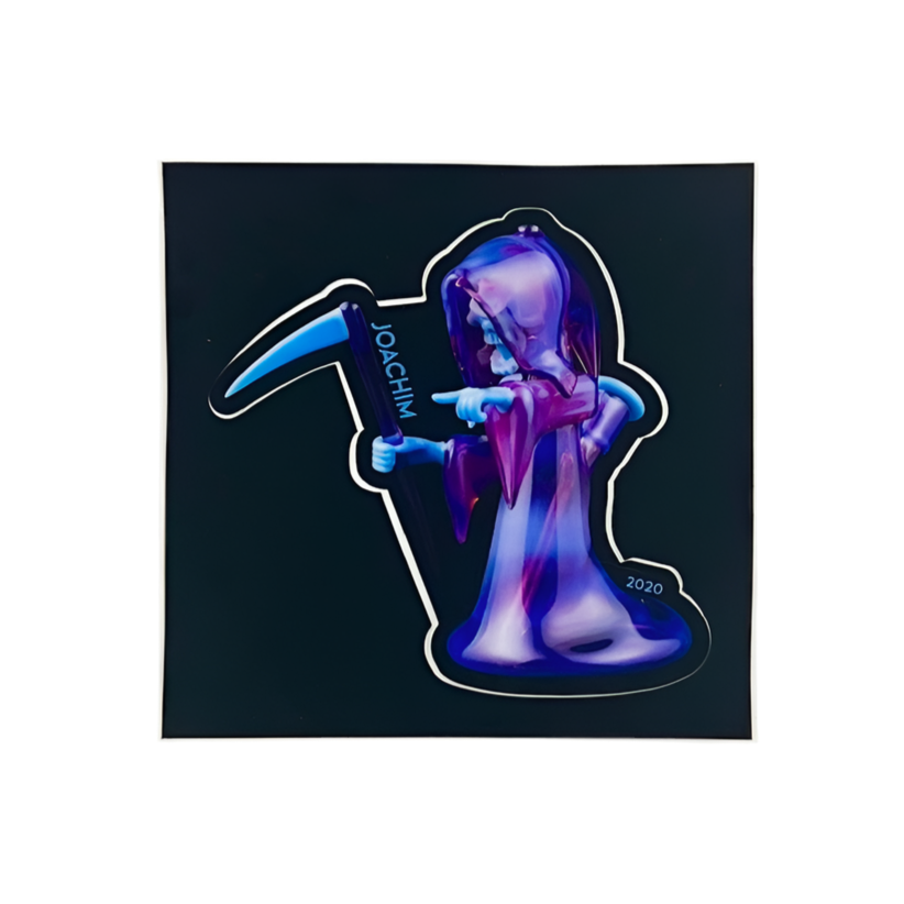 Glowing purple and blue reaper with a scythe on a black background
