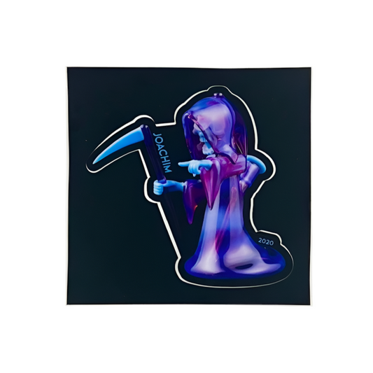 Glowing purple and blue reaper with a scythe on a black background
