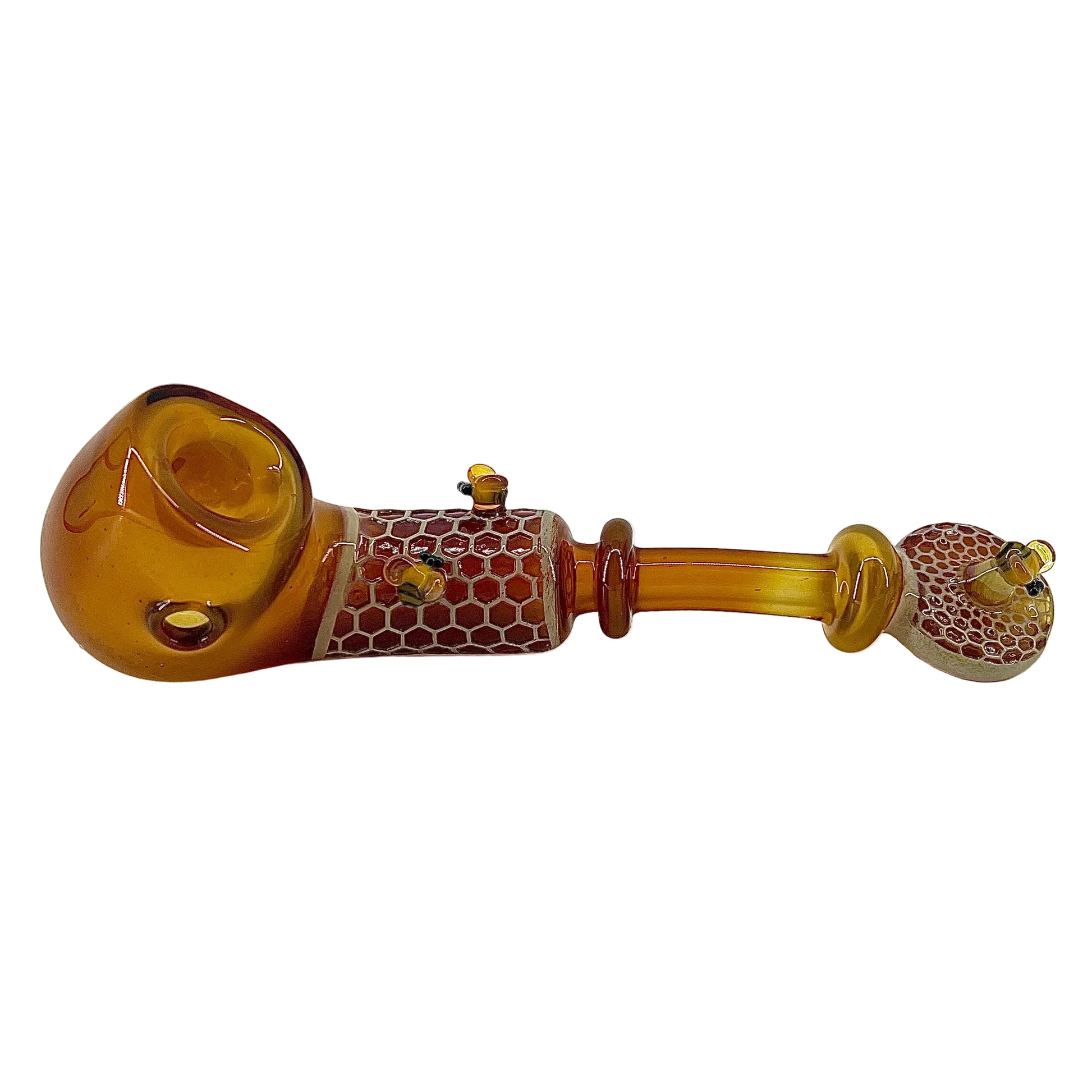 Glass pipe with honeycomb design on a white background.