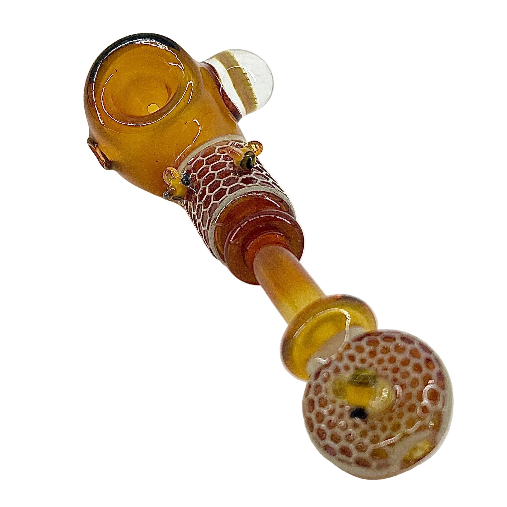 Glass pipe with brown and clear design on a white background.