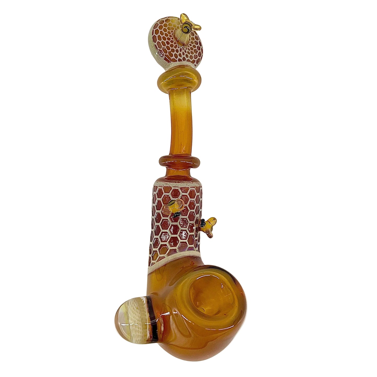 Glass pipe with honeycomb and bee design on a white background.