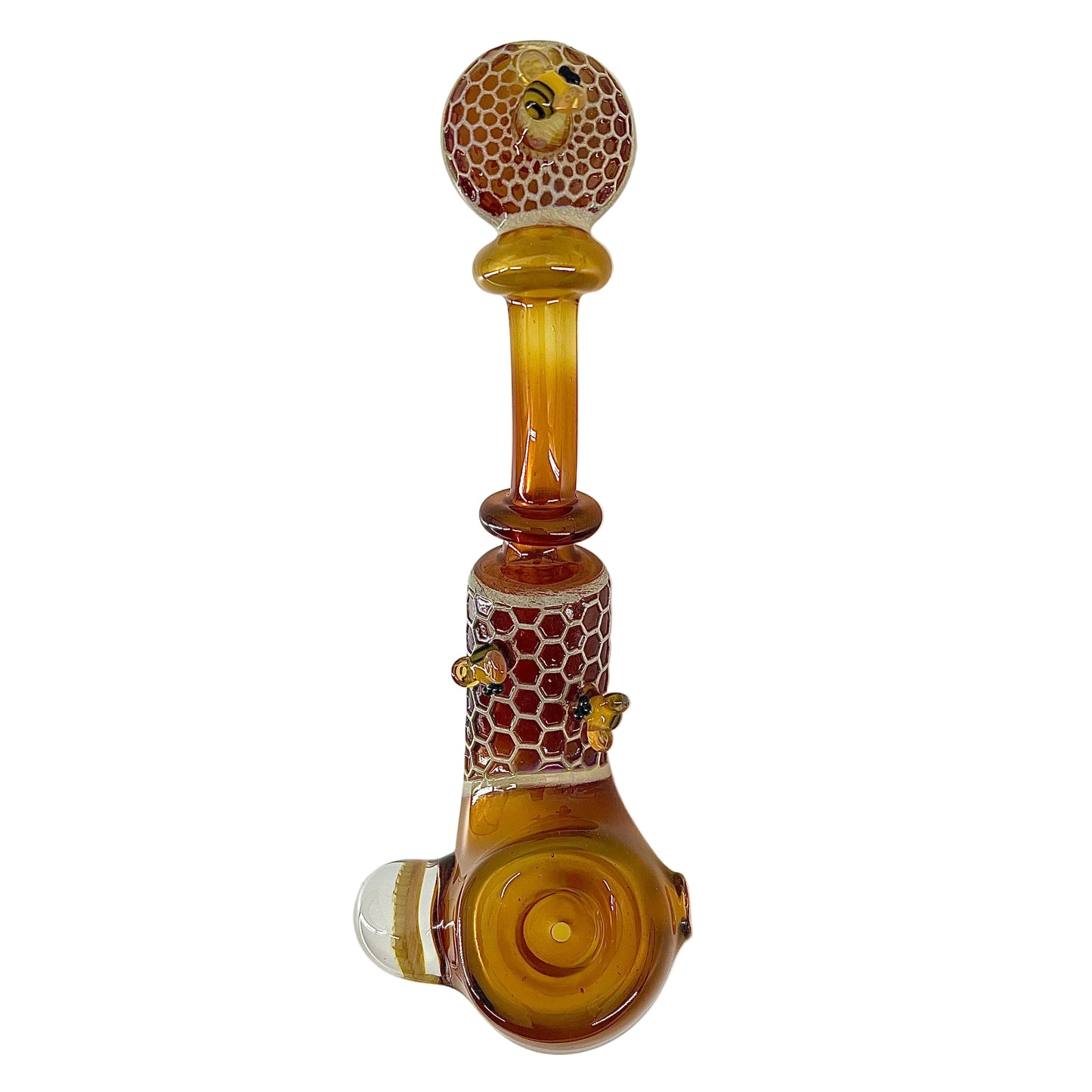 Decorative glass pipe with honeycomb design on a white background.