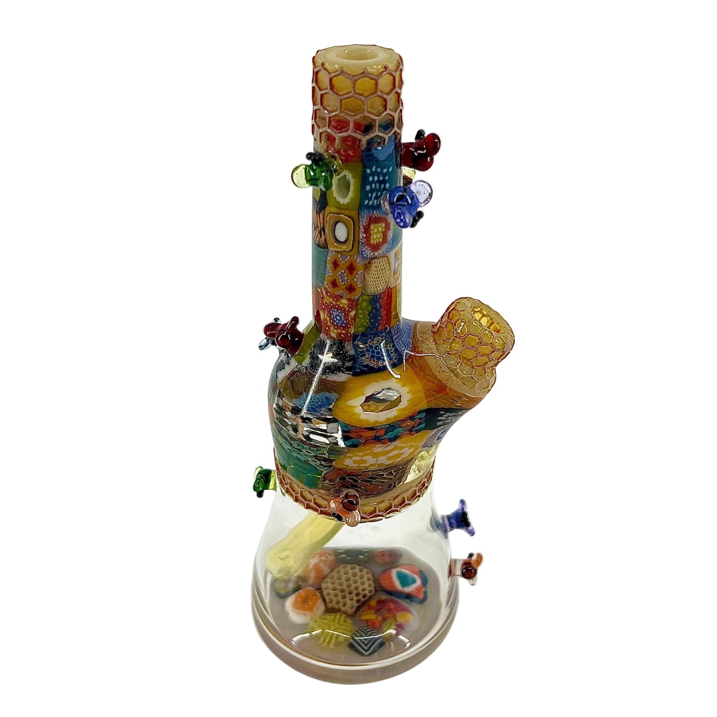 Colorful glass smoking device with intricate patterns on a white background.