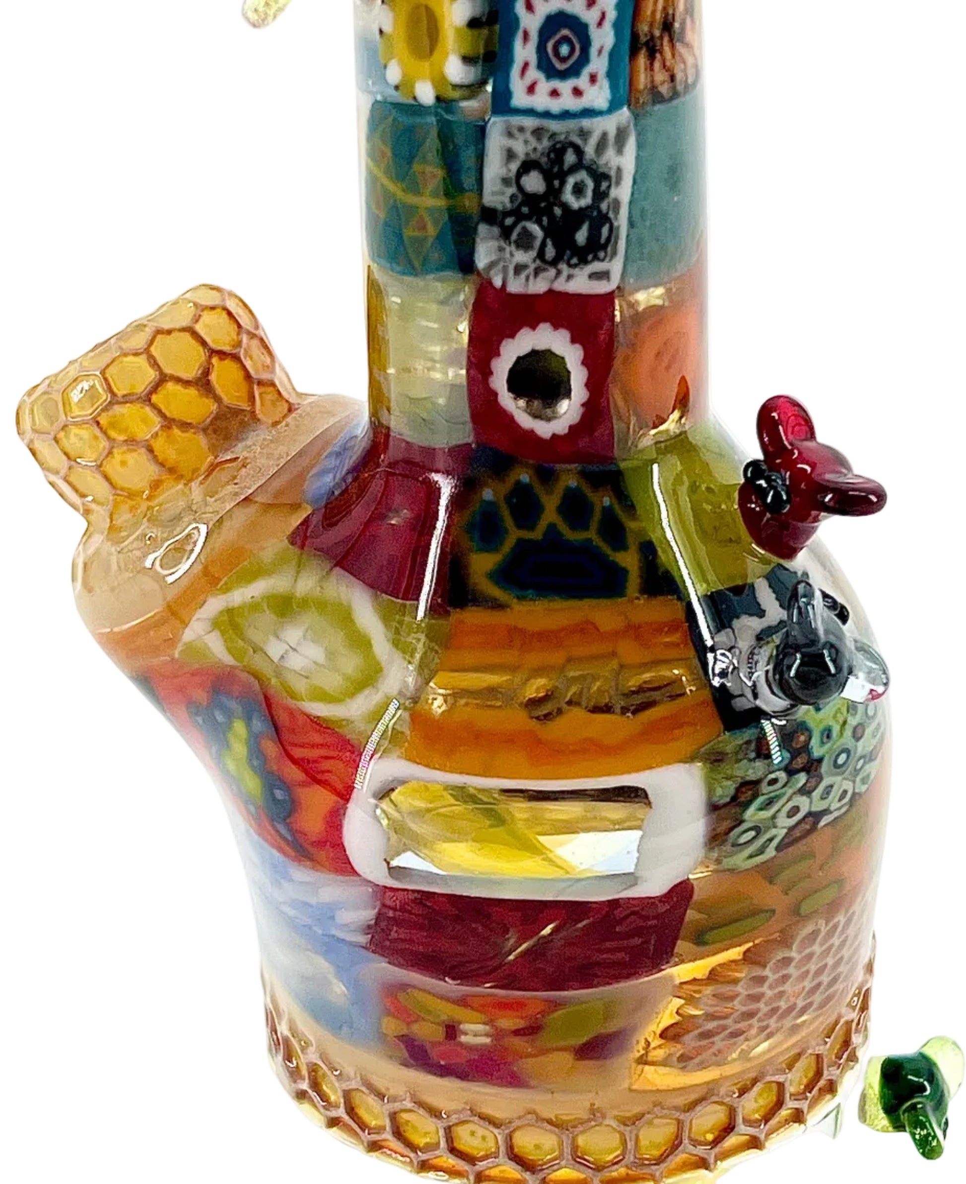 Colorful glass pipe with intricate designs on a white background.