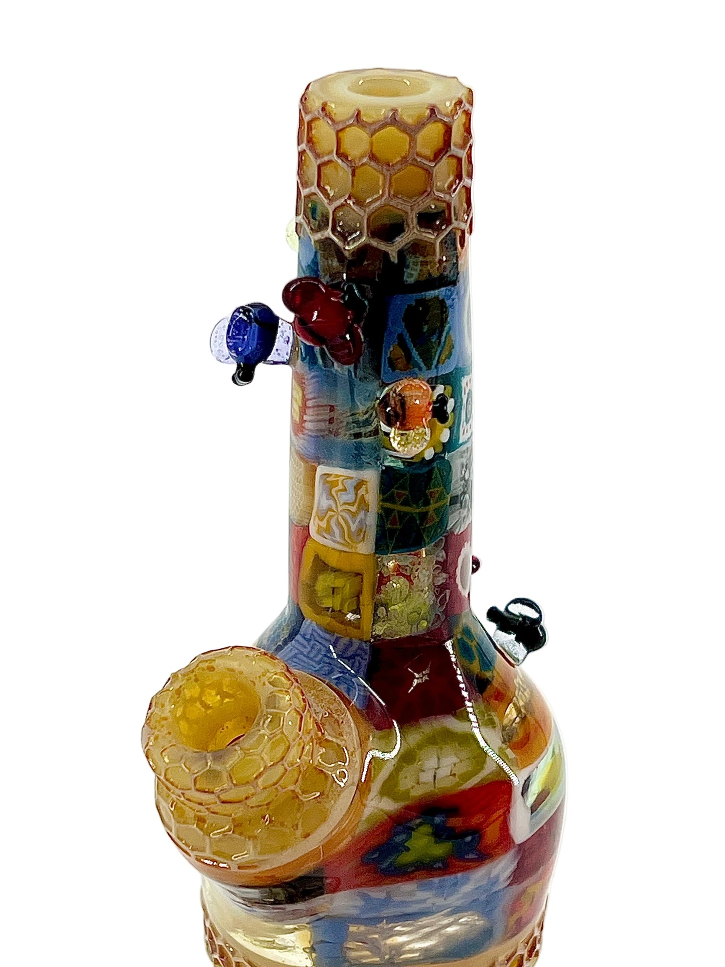 Colorful glass pipe with intricate designs on a white background.