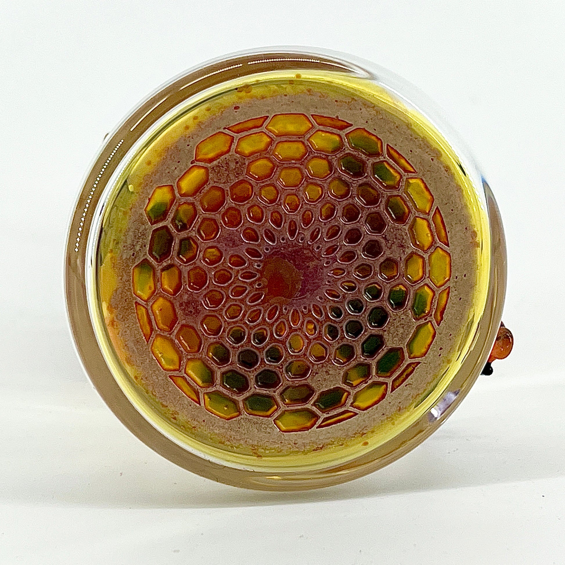 Close-up of a honeycomb-patterned glass tube base on a white background.