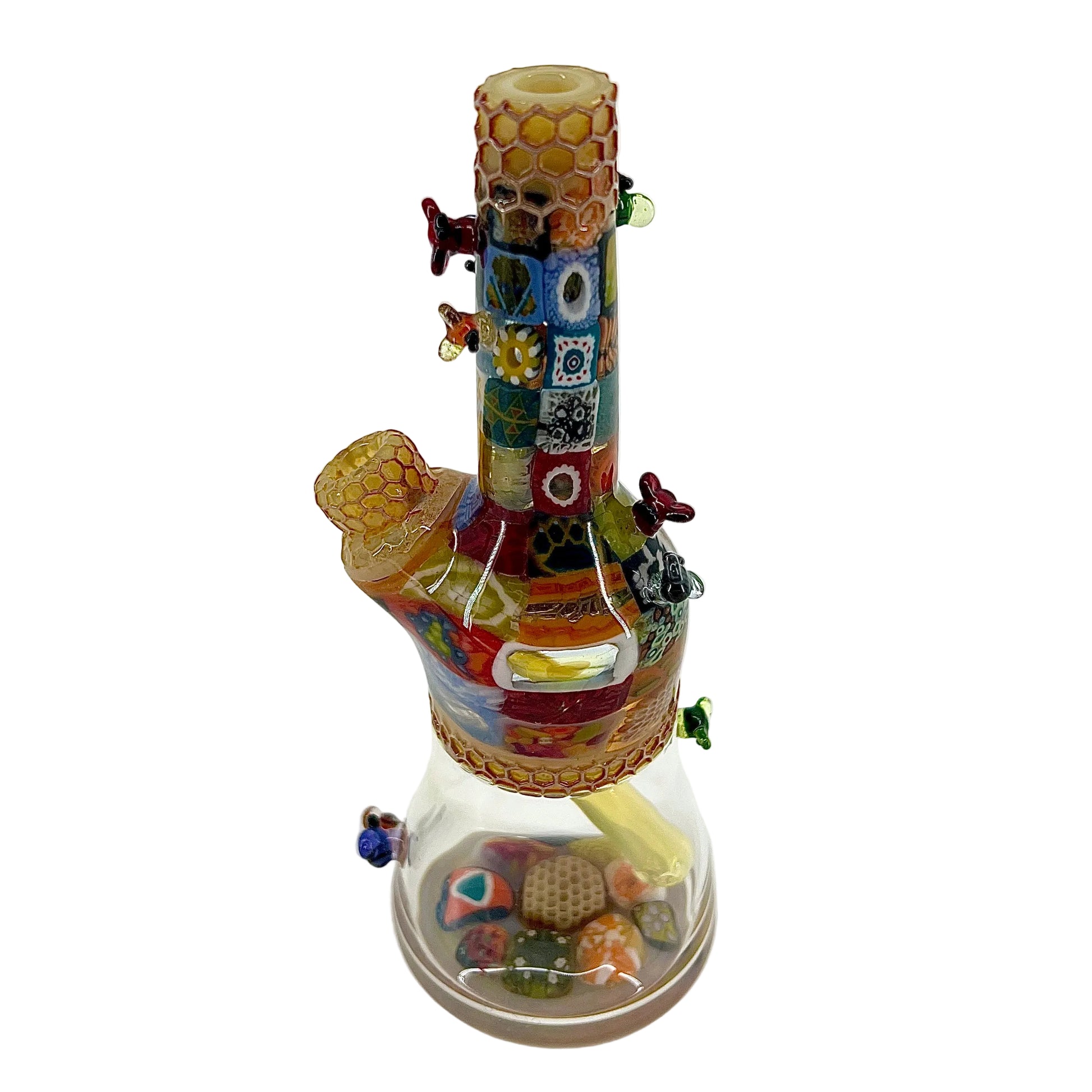 Colorful glass bong with intricate designs on a white background.